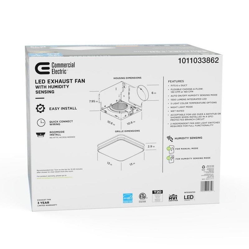 Commercial Electric 130/160 CFM Square Bathroom Exhaust Fan LED Night Light - Image 3