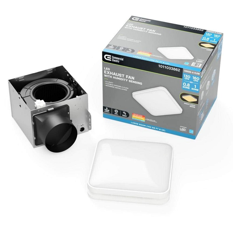 Commercial Electric 130/160 CFM Square Bathroom Exhaust Fan LED Night Light - Image 12