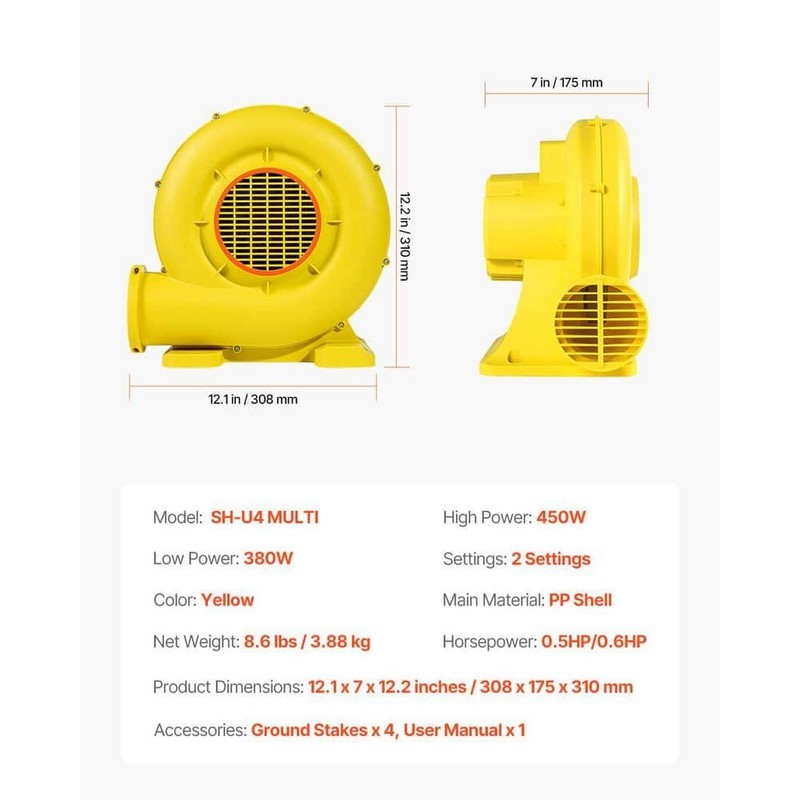 SVOPES Inflatable Blower, 12.1 in. 2 Speeds Blower Fan in. Yellow with 0.5 - Image 7