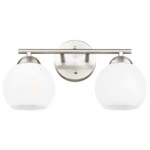JAZAVA 15.63 in. 2-Light Brushed Nickel Vanity Light with Milk Glass Shade