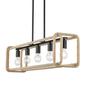 Golden Lighting Camden 5-Light Matte Black and Natural Raphia Rope Pendant