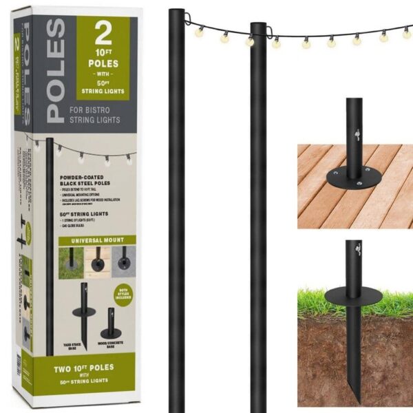 Excello 2-Pack 10 ft Outdoor String Light Poles W/ 50 ft LED Globe Bulb String