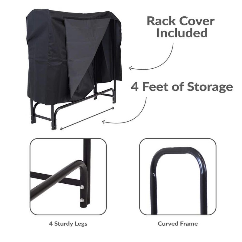 Sunnydaze 4 ft. Black Steel Firewood Log Rack with Cover - Image 4