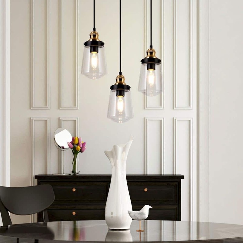 Uolfin Modern Black Brass Cylinder Kitchen Island Pendant Light w/ Glass Shade