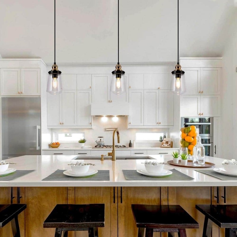 Uolfin Modern Black Brass Cylinder Kitchen Island Pendant Light w/ Glass Shade - Image 2