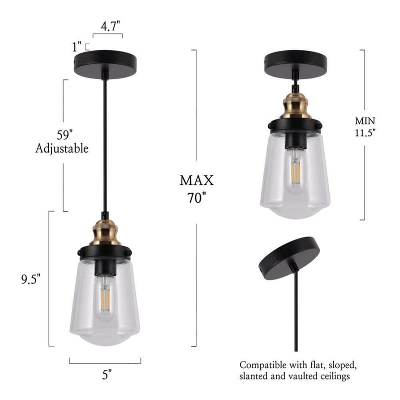 Uolfin Modern Black Brass Cylinder Kitchen Island Pendant Light w/ Glass Shade - Image 3