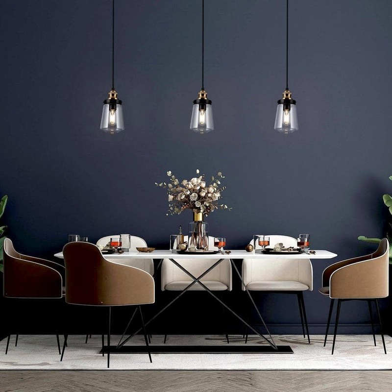 Uolfin Modern Black Brass Cylinder Kitchen Island Pendant Light w/ Glass Shade - Image 4