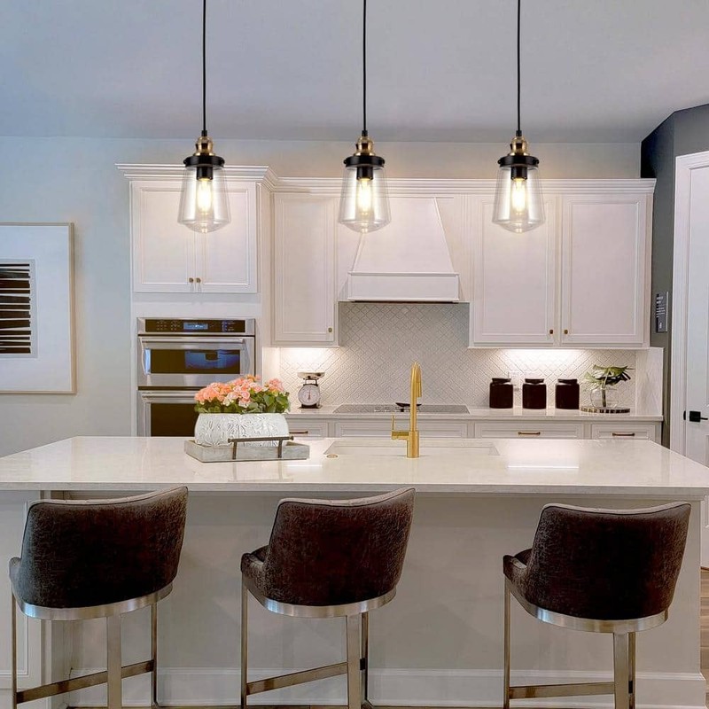 Uolfin Modern Black Brass Cylinder Kitchen Island Pendant Light w/ Glass Shade - Image 5