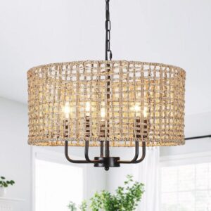 ZJVAIVE 18.9 in 5-Light Black Boho Drum Chandelier w/ Natural Rattan Shade