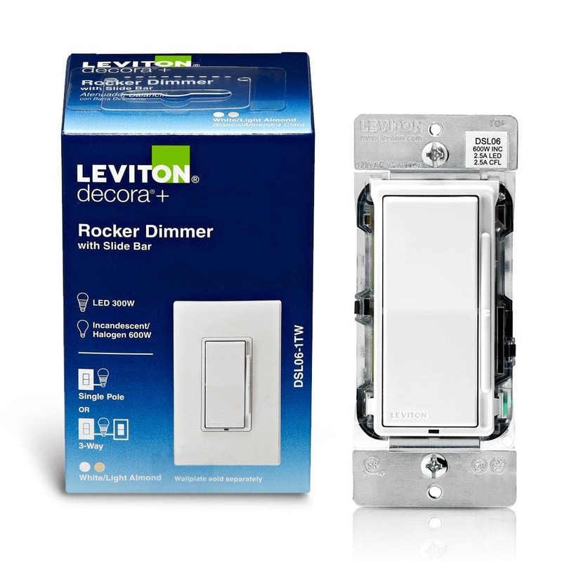 Leviton Decora 600-Watt Single-Pole/3-Way Universal Rocker Slide Dimmer, White