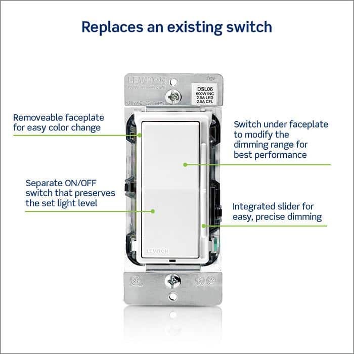 Leviton Decora 600-Watt Single-Pole/3-Way Universal Rocker Slide Dimmer, White - Image 4
