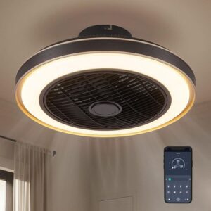 20 in. Indoor Black Low Profile Ceiling Fan w/ LED Light Remote & App Control