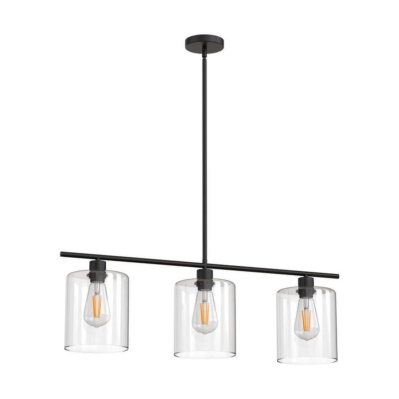 YANSUN 3-Light Matte Black Island Pendant with Clear Glass Shades