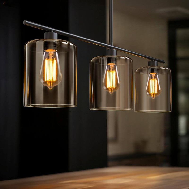 YANSUN 3-Light Matte Black Island Pendant with Clear Glass Shades - Image 2
