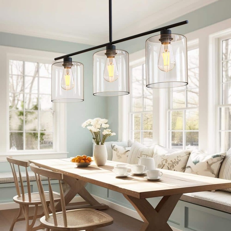 YANSUN 3-Light Matte Black Island Pendant with Clear Glass Shades - Image 5