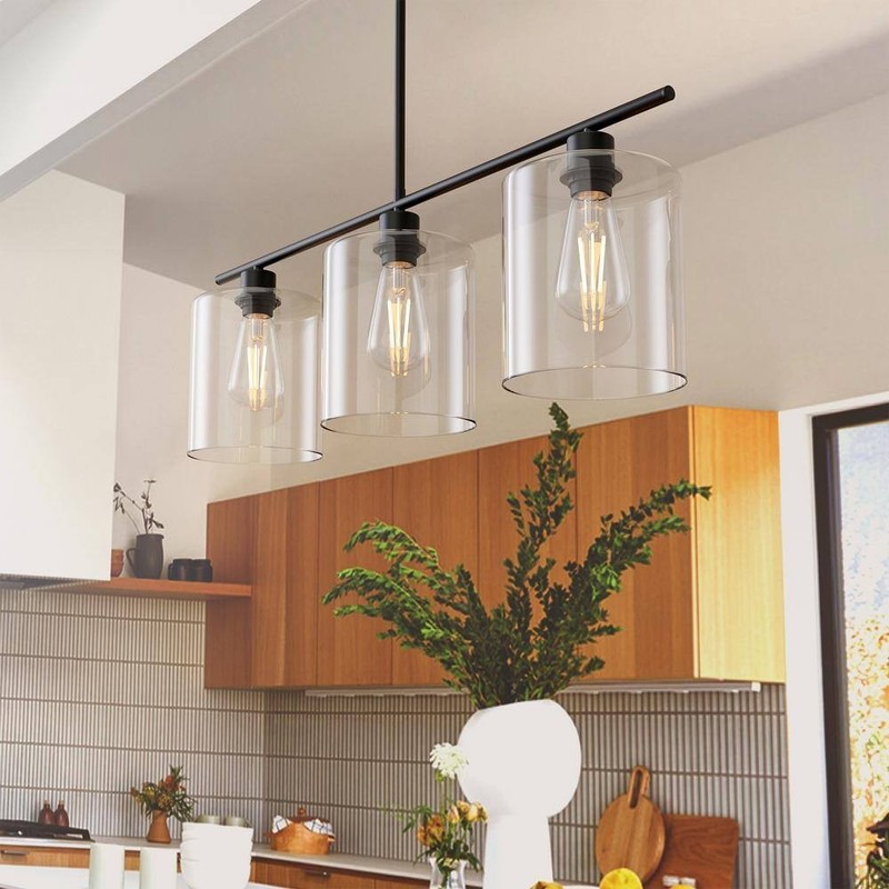YANSUN 3-Light Matte Black Island Pendant with Clear Glass Shades - Image 8