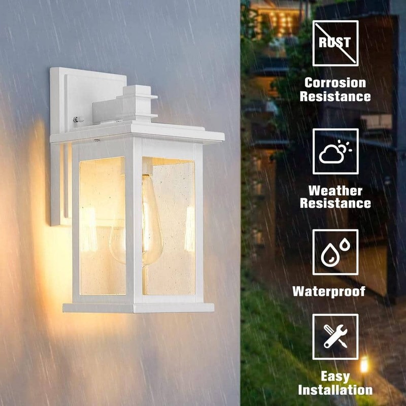 JAZAVA 1-Light White Weather Resistant Outdoor Wall Lantern Sconce Seeded Glass - Image 3