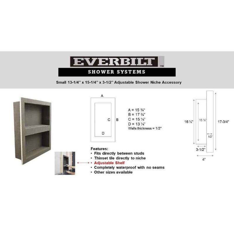 Everbilt Watershield Shower System 13.25" x15.25" x3.5" Shower Niche w/Adj Shelf - Image 2