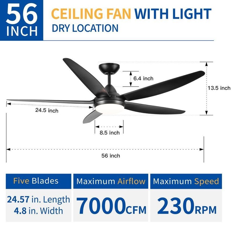 PUDO 56 in. Integrated LED Indoor Black Ceiling Fan Lighting with 5 Black Blades - Image 2