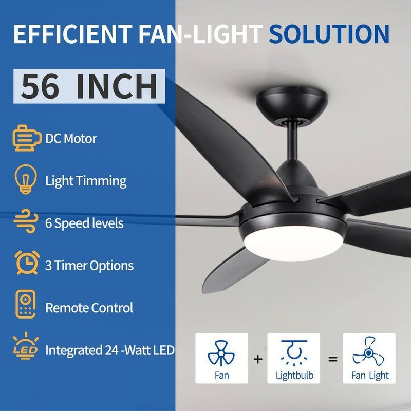 PUDO 56 in. Integrated LED Indoor Black Ceiling Fan Lighting with 5 Black Blades - Image 3
