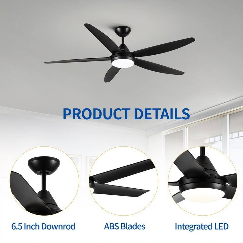 PUDO 56 in. Integrated LED Indoor Black Ceiling Fan Lighting with 5 Black Blades - Image 5