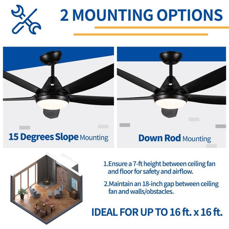 PUDO 56 in. Integrated LED Indoor Black Ceiling Fan Lighting with 5 Black Blades - Image 7