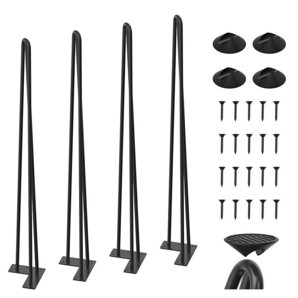 WINSOON 34 in Black Metal Hairpin Bench Table Legs 3-Rod Furniture Feet 4 Pack
