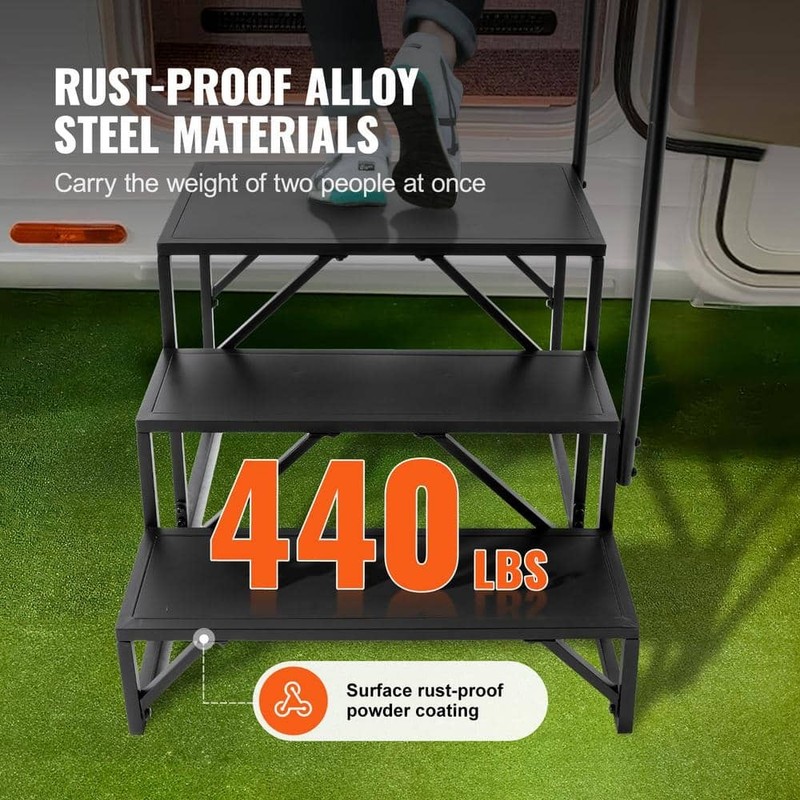 SKYSHALO 3-Step RV Stairs w/ Handrail Non-Slip Carbon Steel Steps 440 lb Cap - Image 3
