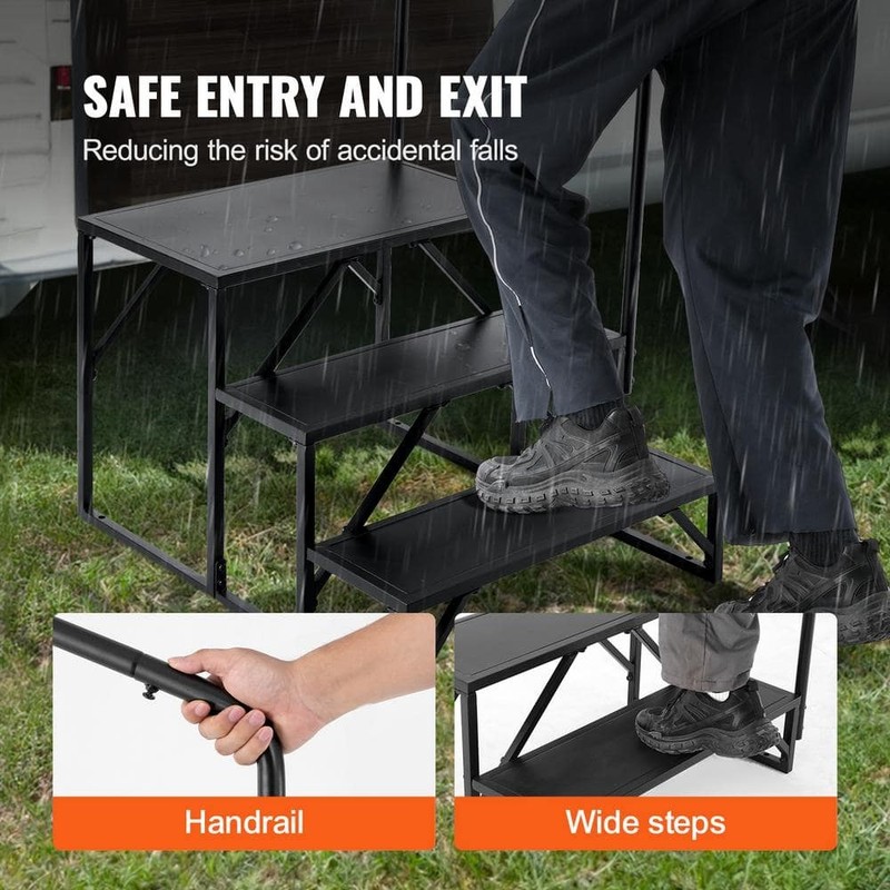SKYSHALO 3-Step RV Stairs w/ Handrail Non-Slip Carbon Steel Steps 440 lb Cap - Image 4