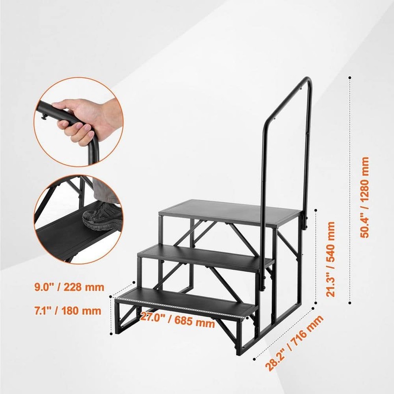 SKYSHALO 3-Step RV Stairs w/ Handrail Non-Slip Carbon Steel Steps 440 lb Cap - Image 7