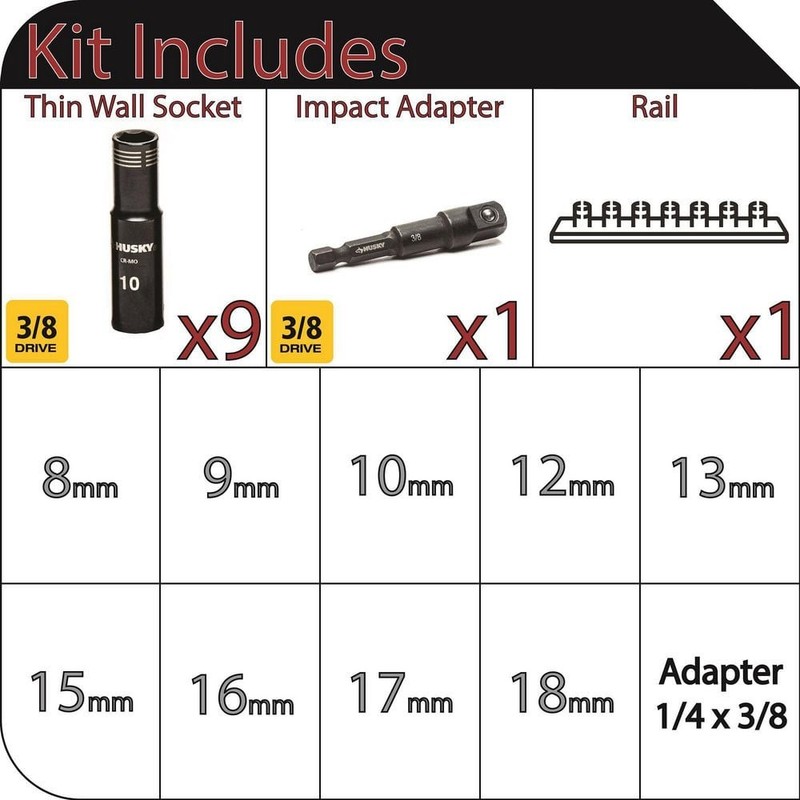 Husky 3/8 in. Drive Thin Wall Deep Metric Impact Socket Set 6-Point (10-Piece) - Image 2