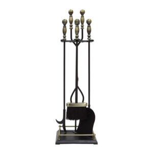 ACHLA DESIGNS 30.5" Tall 5-Piece Black & Antique Brass Oxford Fireplace Set Tool