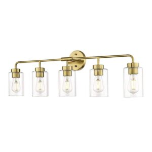 JAZAVA 36.5 in. 5 Light Brushed Gold Vanity Light with Clear Glass Shade