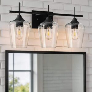 Merra 3-Light Matt Black Bathroom Vanity Light with Clear Glass Shades