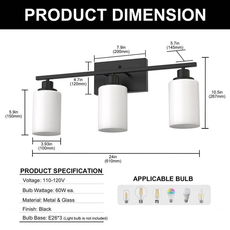 YANSUN 24 in. 3-Light Matte Black Bathroom Vanity Light with White Glass Shades - Image 3
