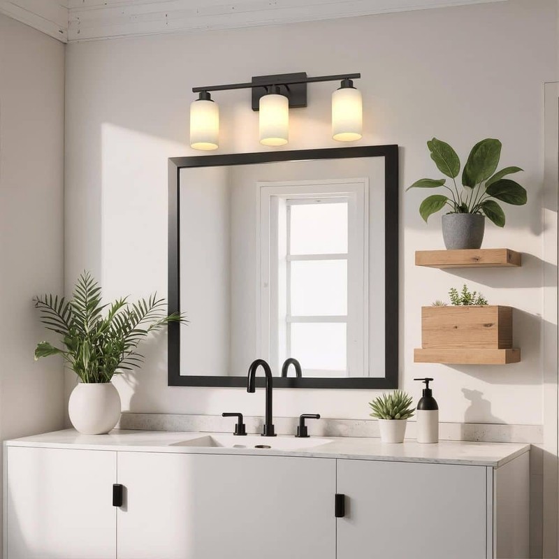 YANSUN 24 in. 3-Light Matte Black Bathroom Vanity Light with White Glass Shades - Image 7