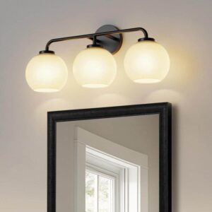 YANSUN 23 in. 3-Light Black Vanity Light with Globe Milk White Glass Shades