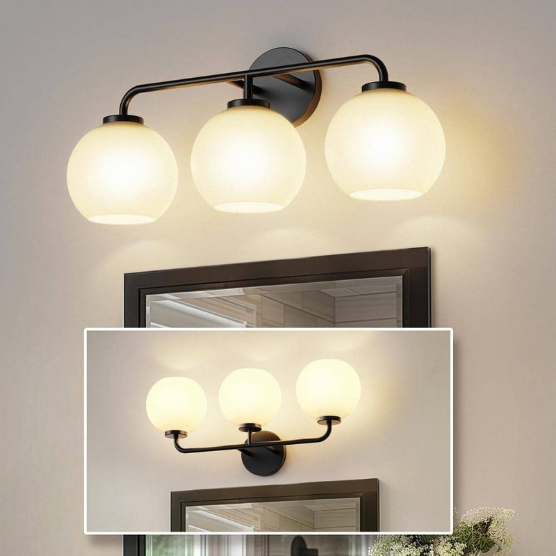 YANSUN 23 in. 3-Light Black Vanity Light with Globe Milk White Glass Shades - Image 2