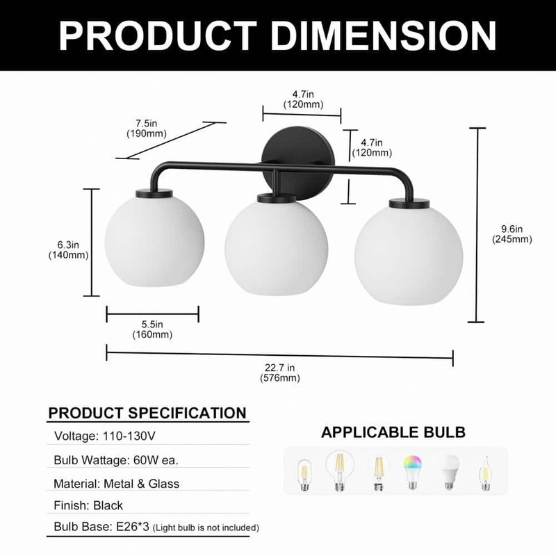YANSUN 23 in. 3-Light Black Vanity Light with Globe Milk White Glass Shades - Image 5