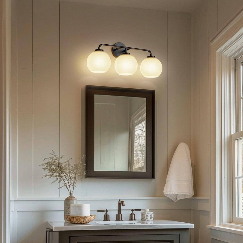 YANSUN 23 in. 3-Light Black Vanity Light with Globe Milk White Glass Shades - Image 6