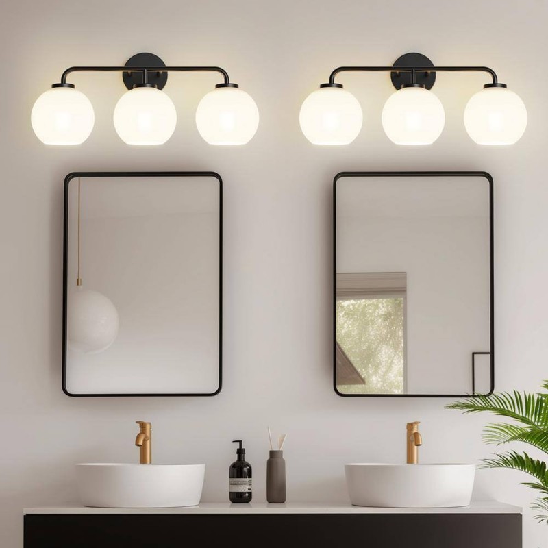 YANSUN 23 in. 3-Light Black Vanity Light with Globe Milk White Glass Shades - Image 8