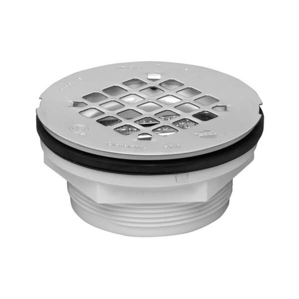 Oatey Round No-Caulk White PVC Shower Drain with 4-1/4" Round Snap-In Stainless