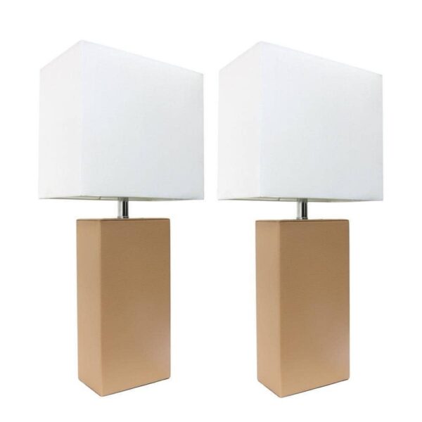 Elegant Designs 21" Modern Beige Leather Table Lamps White Fabric Shades(2-Pack)