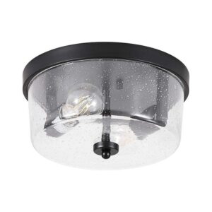 HKMGT 10.63 in. 2-Light Black Farmhouse Flush Mount with Seeded Glass Shade