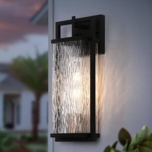 LNC Modern Black Outdoor Wall Lantern Sconce with Textured Seeded Glass Shade
