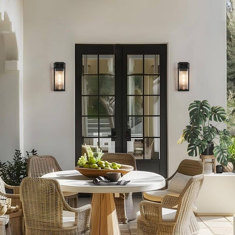 LNC Modern Black Outdoor Wall Lantern Sconce with Textured Seeded Glass Shade - Image 5
