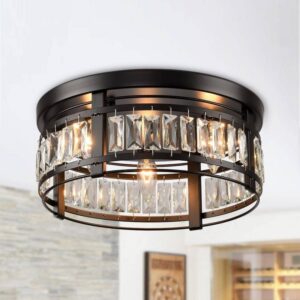 13.3 in. 3-Light Matte Black Modern Drum Crystal Flush Mount Ceiling Light