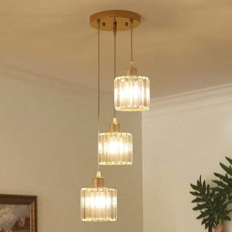 Ciel 3-Light Gold Crystal Pendant Light with Glass Shade for Kitchen Island