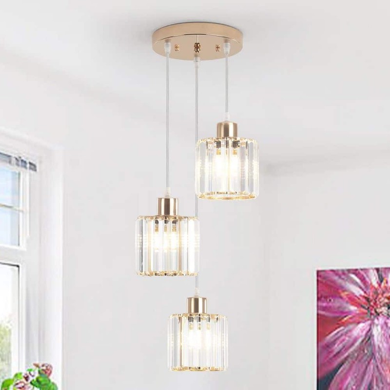 Ciel 3-Light Gold Crystal Pendant Light with Glass Shade for Kitchen Island - Image 2