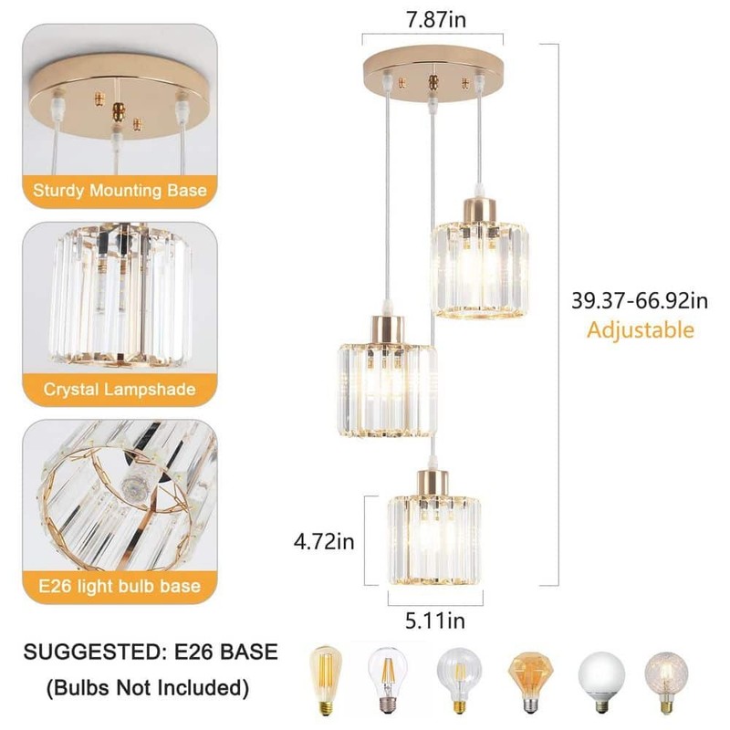 Ciel 3-Light Gold Crystal Pendant Light with Glass Shade for Kitchen Island - Image 7